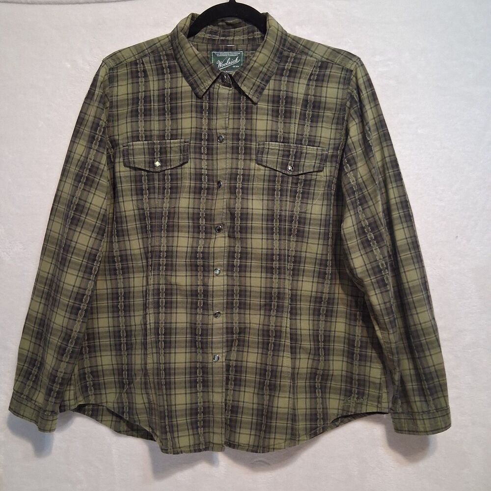 Woolrich LP Petite Top Green Pearl Snap Plaid Western Country Cowgirl Rodeo